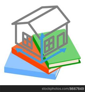 Architectural education icon isometric vector. House projection on stack of book. Three dimensional projection of house, engineering, construction, design. Architectural education icon isometric vector. House projection on stack of book