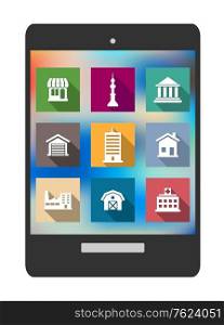 Architectural flat icons of hospital, shop, TV tower, temple, garage, factory, skyscraper, house and warehouse displayed on a tablet screen