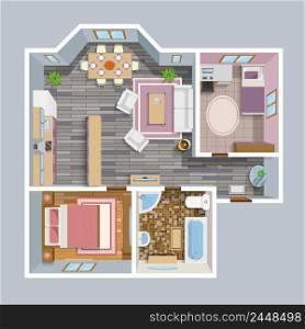 Architectural flat plan top view with living rooms bathroom kitchen and lounge furniture vector illustration. Architectural Flat Plan Top View