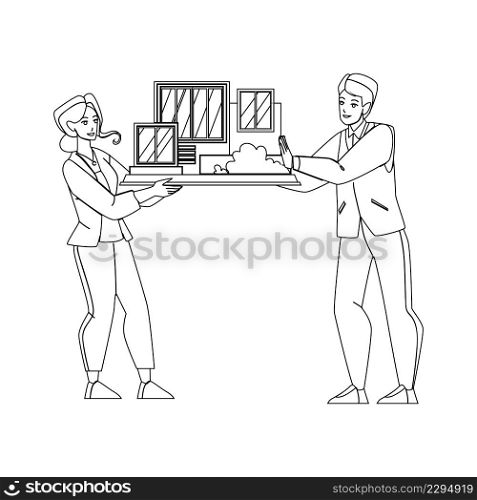 Architectural Model Presenting Architects Black Line Pencil Drawing Vector. Building Architectural Model Showing Man And Woman Workers. Characters Show House Construction Mockup Together Illustration. Architectural Model Presenting Architects Vector