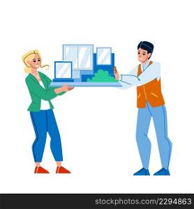 Architectural Model Presenting Architects Vector. Building Architectural Model Showing Man And Woman Workers. Characters Show House Construction Mockup Together Flat Cartoon Illustration. Architectural Model Presenting Architects Vector