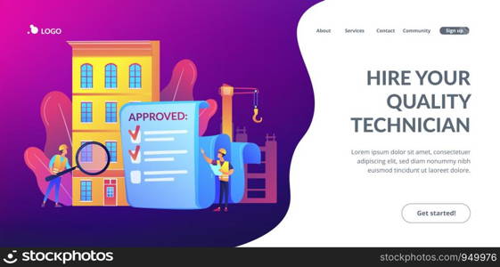 Architectural project approval, safety check. Construction quality control, construction quality management, hire your quality technician concept. Website homepage landing web page template.. Construction quality control concept landing page
