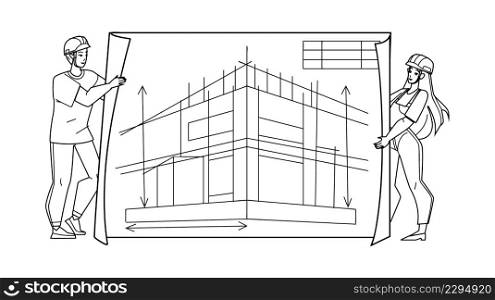Architectural Project Develop Engineers Black Line Pencil Drawing Vector. Man And Woman Drawing And Developing Building Construction On Paper List And Presenting Architectural Project. Characters. Architectural Project Develop Engineers Vector
