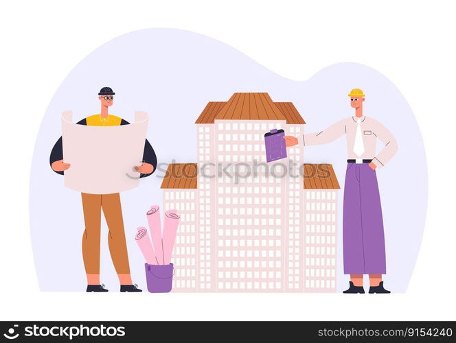 Architectural project workers. Men construction engineers holding blueprints. Team planning building, real estates. Employees with helmets working in team cartoon flat vector illustration