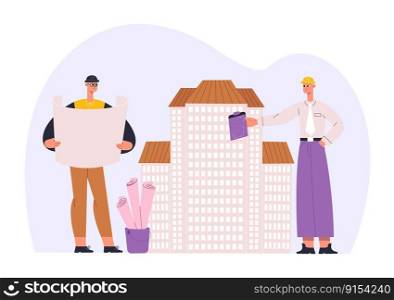 Architectural project workers. Men construction engineers holding blueprints. Team planning building, real estates. Employees with helmets working in team cartoon flat vector illustration