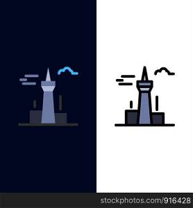 Architecture and City, Buildings, Canada, Tower, Landmark Icons. Flat and Line Filled Icon Set Vector Blue Background