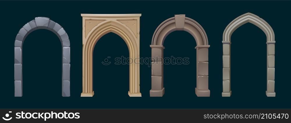 Architecture arches with stone columns, antique gates for interior or exterior with pillars, palace or castle archway decorative frames. Portal entrance, antique doorways Cartoon vector illustration. Architecture arches with stone columns, gates