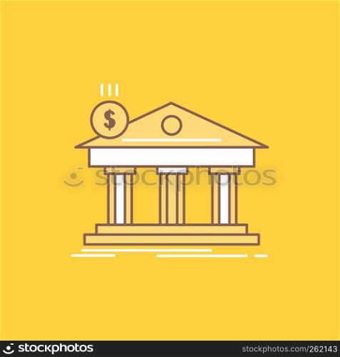 Architecture, bank, banking, building, federal Flat Line Filled Icon. Beautiful Logo button over yellow background for UI and UX, website or mobile application