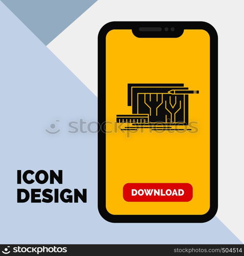 Architecture, blueprint, circuit, design, engineering Glyph Icon in Mobile for Download Page. Yellow Background. Vector EPS10 Abstract Template background