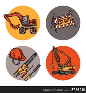 Architecture concept round solid icons composition of crawler crane construction tools stop sign abstract isolated vector illustration