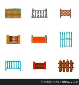 Architecture fences icons set. Cartoon set of 9 architecture fences vector icons for web isolated on white background. Architecture fences icons set, cartoon style