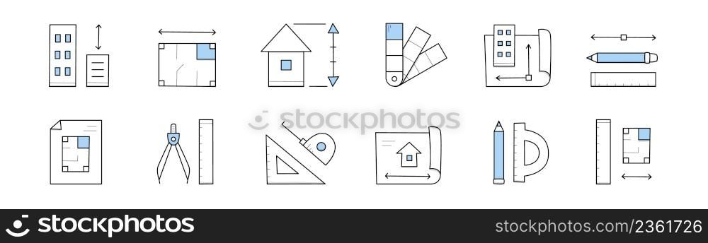 Architecture icons with house project blueprint, building construction plan, measure tools. Vector hand drawn set of architect equipment, engineering draft, drawing compass and home scheme. Architecture icons, house project, measure tools