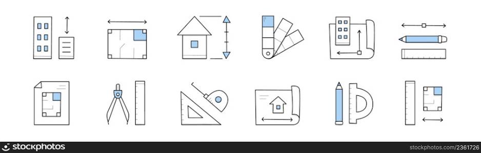 Architecture icons with house project blueprint, building construction plan, measure tools. Vector hand drawn set of architect equipment, engineering draft, drawing compass and home scheme. Architecture icons, house project, measure tools