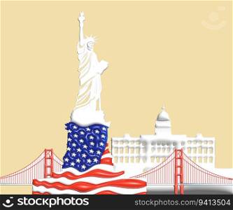 Architecture landmark in America symbol and icon of san francisco and new york. Beautiful building architecture colorful in 3d render vector illustration. Travel landmark of the world in America.