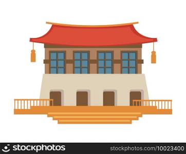 Architecture of oriental countries, asian type of building, traditional construction of china or japan. Isolated building with roof and lanterns, historical landmark or tourist destination vector. Asian architecture, Chinese or Japanese temple, tourist landmark