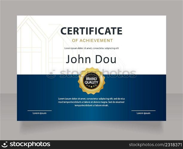 Architecture project achievement certificate design template. Vector diploma with customized copyspace and borders. Printable document for awards and recognition. Calibri, Myriad Pro fonts used. Architecture project achievement certificate design template