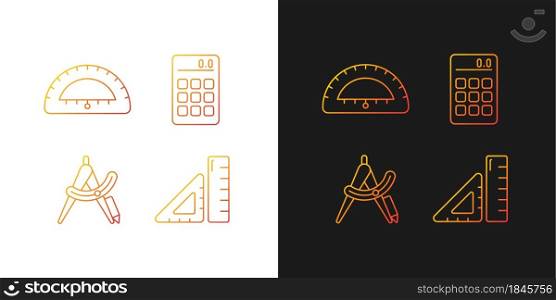 Architecture student tools gradient icons set for dark and light mode. Drafting supplies. Thin line contour symbols bundle. Isolated vector outline illustrations collection on black and white. Architecture student tools gradient icons set for dark and light mode