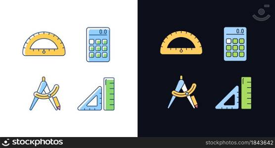 Architecture student tools light and dark theme RGB color icons set. Drafting supplies. Compass tool. Isolated vector illustrations on white and black space. Simple filled line drawings pack. Architecture student tools light and dark theme RGB color icons set