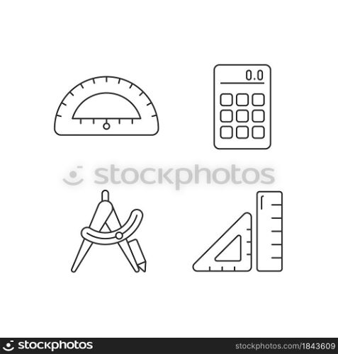 Architecture student tools linear icons set. Drafting supplies. Calculator. Compass tool. Geometry class. Customizable thin line contour symbols. Isolated vector outline illustrations. Editable stroke. Architecture student tools linear icons set