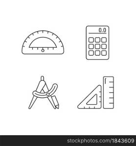 Architecture student tools linear icons set. Drafting supplies. Calculator. Compass tool. Geometry class. Customizable thin line contour symbols. Isolated vector outline illustrations. Editable stroke. Architecture student tools linear icons set