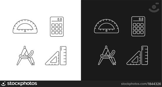 Architecture student tools linear icons set for dark and light mode. Drafting supplies. Calculator. Compass tool. Customizable thin line symbols. Isolated vector outline illustrations. Editable stroke. Architecture student tools linear icons set for dark and light mode