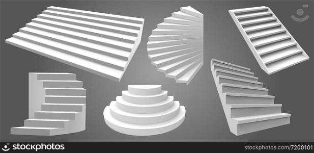 Architecture white realistic stairs. 3d simple interior staircases, modern ladder steps. Stairway isolated vector illustration set. Interior architecture stairway, staircase to climb career. Architecture white realistic stairs. 3d simple interior staircases, modern ladder steps. Stairway isolated vector illustration set