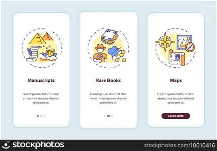 Archive collections onboarding mobile app page screen with concepts. Ancient books and maps walkthrough 3 steps graphic instructions. UI vector template with RGB color illustrations. Archive collections onboarding mobile app page screen with concepts