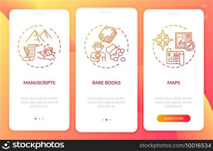 Archive collections onboarding mobile app page screen with concepts. Rare books, manuscripts and maps walkthrough 3 steps graphic instructions. UI vector template with RGB color illustrationsa. Archive collections onboarding mobile app page screen with concepts