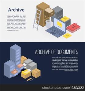Archive file banner set. Isometric set of archive file vector banner for web design. Archive file banner set, isometric style