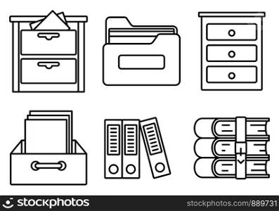 Archive library icons set. Outline set of archive library vector icons for web design isolated on white background. Archive library icons set, outline style