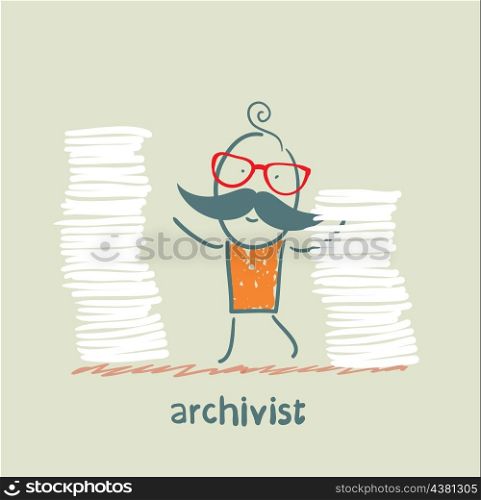 archivist is standing near the pile of papers