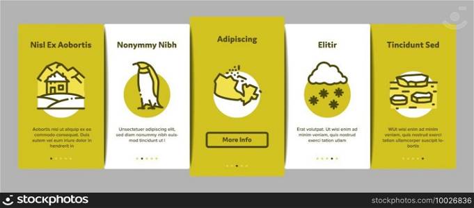 Arctic And Antarctic Onboarding Mobile App Page Screen Vector. Arctic Snow And Ice, Iceberg And Bear, Station And Ship, Penguin And Walrus Illustrations. Arctic And Antarctic Onboarding Elements Icons Set Vector