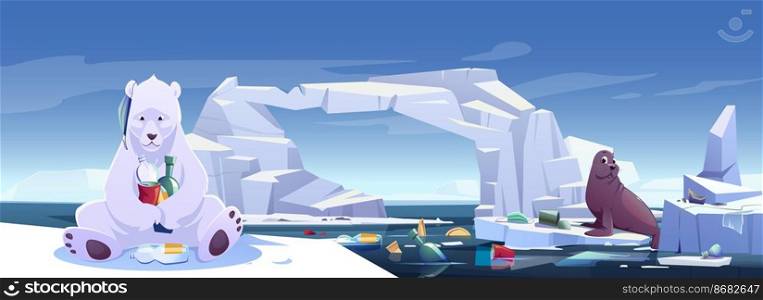 Arctic animals living in trash, wild polar bear and seal sitting on ice floes in polluted sea with garbage. Antarctica or North Pole inhabitants suffer of nature pollution Cartoon vector illustration. Arctic animals in trash, wild polar bear and seal