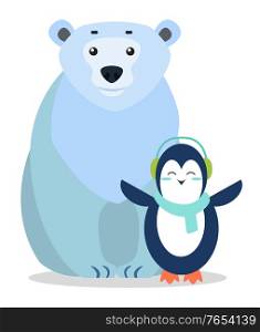 Arctic animals penguin and bear characters standing together on white. Postcard with seal mammal wearing headset and scarf. Holiday card with portrait view of funny wild beast in blue color vector. Bear and Penguin Arctic Animal Postcard Vector
