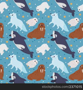 Arctic animals seamless pattern. Cute north creatures. Print design with Nordic mammals and birds. Winter nature. Walrus and owl. Polar bear or fox. Killer whale. Northern fauna. Vector background. Arctic animals seamless pattern. North creatures. Print design with Nordic mammals and birds. Winter nature. Walrus and owl. Polar bear or fox. Northern killer whale. Vector background