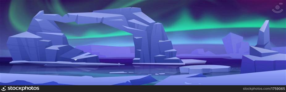 Arctic aurora borealis at North Pole landscape with ice glaciers on frozen ocean. Arctic or Polar lights natural phenomena, iridescent glowing illumination on night sky, Cartoon vector illustration. Arctic aurora borealis at North Pole landscape