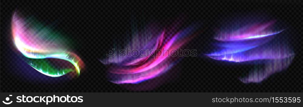 Arctic aurora borealis, polar lights, northern natural phenomena isolated on dark background. Amazing iridescent glowing wavy illumination on night sky, shining. Realistic 3d vector illustration, set. Arctic aurora borealis, polar northern lights