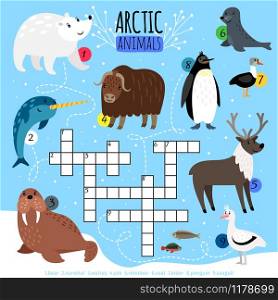 Arctic crossword puzzle. Kids words cross word searching game with arctic animals with polar bear and walrus, reindeer and penguin, vector illustration. Arctic animals crossword puzzle
