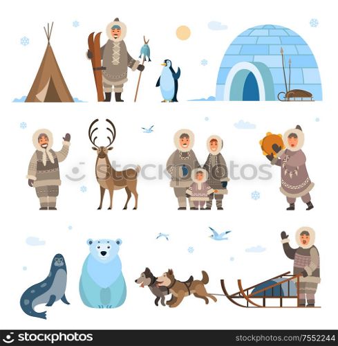 Arctic expeditions and discoveries North pole vector. Animals penguin and bear grizzly, husky and dogs with sledges, inuits and huts snowflakes snowfall. Arctic Expeditions and Discoveries North Pole