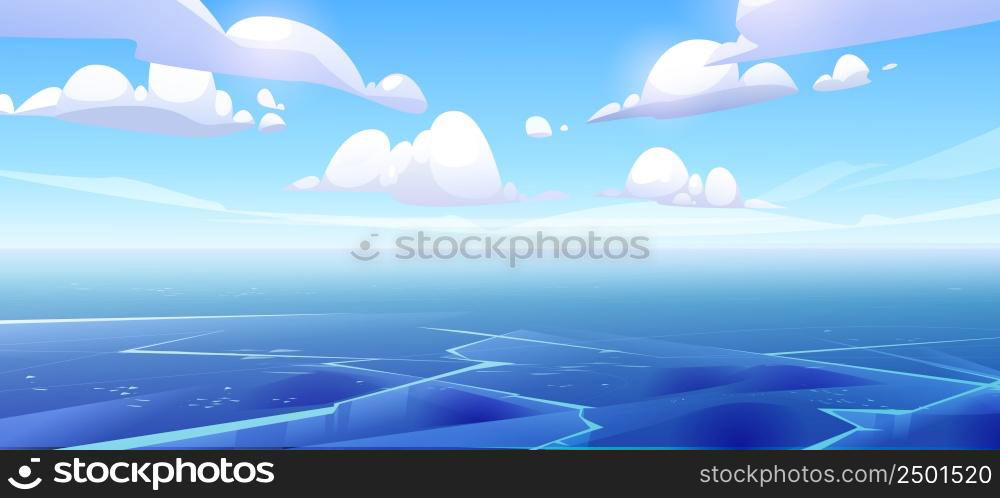 Arctic frozen sea landscape with flat ice surface. Background of winter ocean with glacier. Vector cartoon illustration of antarctic ocean or winter lake with blue ice. Arctic frozen sea landscape with flat ice surface
