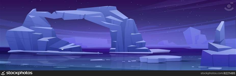 Arctic landscape with melting iceberg and glaciers in sea at night. Concept of global warning and climate change. Vector cartoon illustration of polar or antarctic ice in ocean water and stars in sky. Arctic landscape with melting iceberg at night