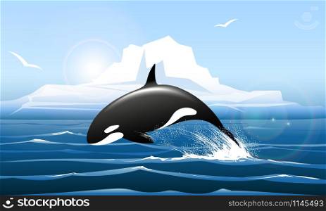 Arctic Landscape with Orca jumps out of the water. Vector illustration.