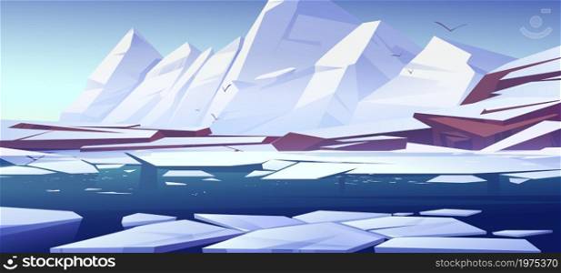 Arctic landscape with white mountains and glaciers floating in sea. Vector cartoon illustration of northern nature scene with snow on rocks and melting ice on water surface. Arctic landscape with snow, mountains and ice