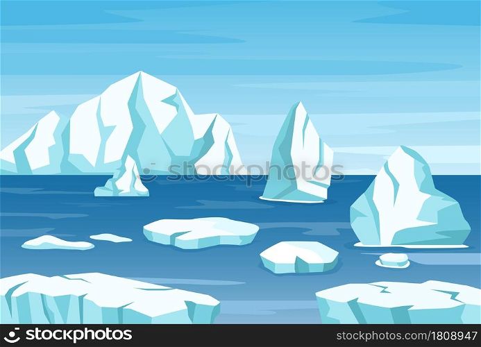 Arctic polar landscape with icebergs, glaciers and ice rocks. Melting iceberg drifting in ocean. Antarctic mountains scene vector illustration. Cold winter season, global warming melt. Arctic polar landscape with icebergs, glaciers and ice rocks. Melting iceberg drifting in ocean. Antarctic mountains scene vector illustration