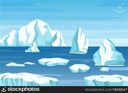 Arctic polar landscape with icebergs, glaciers and ice rocks. Melting iceberg drifting in ocean. Antarctic mountains scene vector illustration. Cold winter season, global warming melt. Arctic polar landscape with icebergs, glaciers and ice rocks. Melting iceberg drifting in ocean. Antarctic mountains scene vector illustration