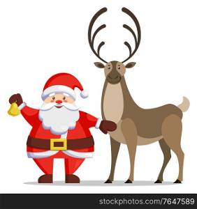 Arctic postcard Santa standing with bell near deer character on white. Winter holiday card with Claus in traditional red clothes and hat near reindeer. Xmas festive poster animal with antlers vector. Winter Card with Santa Claus and Reindeer Vector