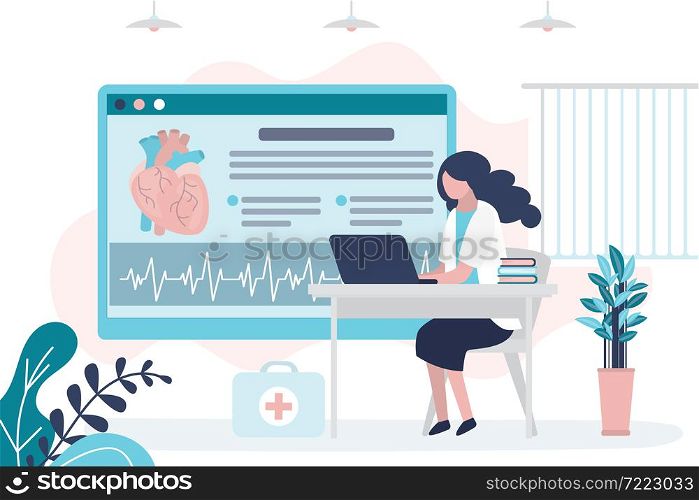 ?ardiologist checks cardiogram heart. Doctor examines cardiovascular system for diseases. Concept of cardiology and checkup. Female character works in hospital or clinic. Flat vector illustration. ?ardiologist checks cardiogram heart. Doctor examines cardiovascular system for diseases. Concept of cardiology and checkup
