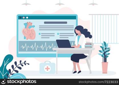 ?ardiologist checks cardiogram heart. Doctor examines cardiovascular system for diseases. Concept of cardiology and checkup. Female character works in hospital or clinic. Flat vector illustration. ?ardiologist checks cardiogram heart. Doctor examines cardiovascular system for diseases. Concept of cardiology and checkup
