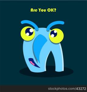 Are You Ok? text with funny smiling monster. Cute character cartoon drawing. Fun kid humor letter A symbol. Vector illustration.