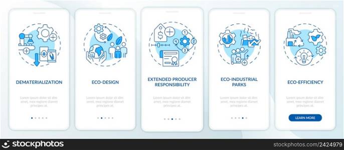 Areas of industrial ecology blue onboarding mobile app screen. Increasing walkthrough 5 steps graphic instructions pages with linear concepts. UI, UX, GUI template. Myriad Pro-Bold, Regular fonts used. Areas of industrial ecology blue onboarding mobile app screen